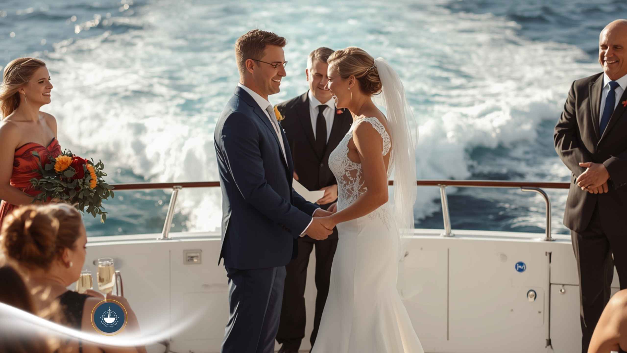Pareja que contrae matrimonio a bordo de un yate, con invitados a su alrededor Bodas en yate en Cartagena Navega Colombia