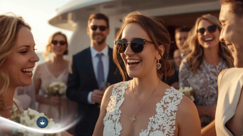 Mujer vestida de novia con gafas oscuras sonríe mientas comparte con sus amigos en un yate Bodas en yate en Cartagena navega colombia