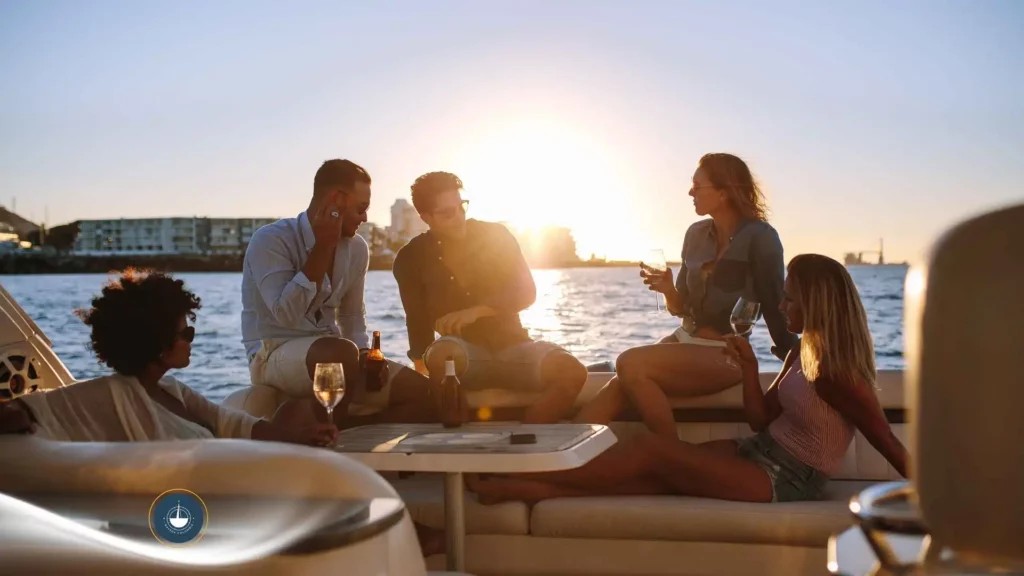 grupo de personas en un yate con un grupo de personas disfrutando ¿Cuánto cuesta el plan y cómo hay que cotizar? Fiestas privadas en yate en Cartagena navega colombia