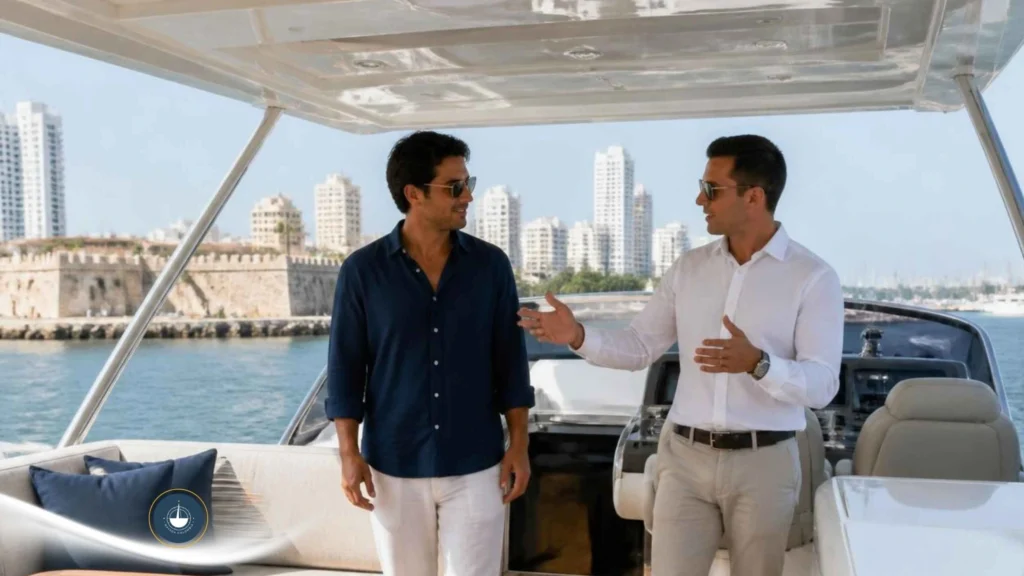 dos personas charlando sobre un yate en cartagena Compra y venta de yates en Colombia: qué debes saber navega colombia
