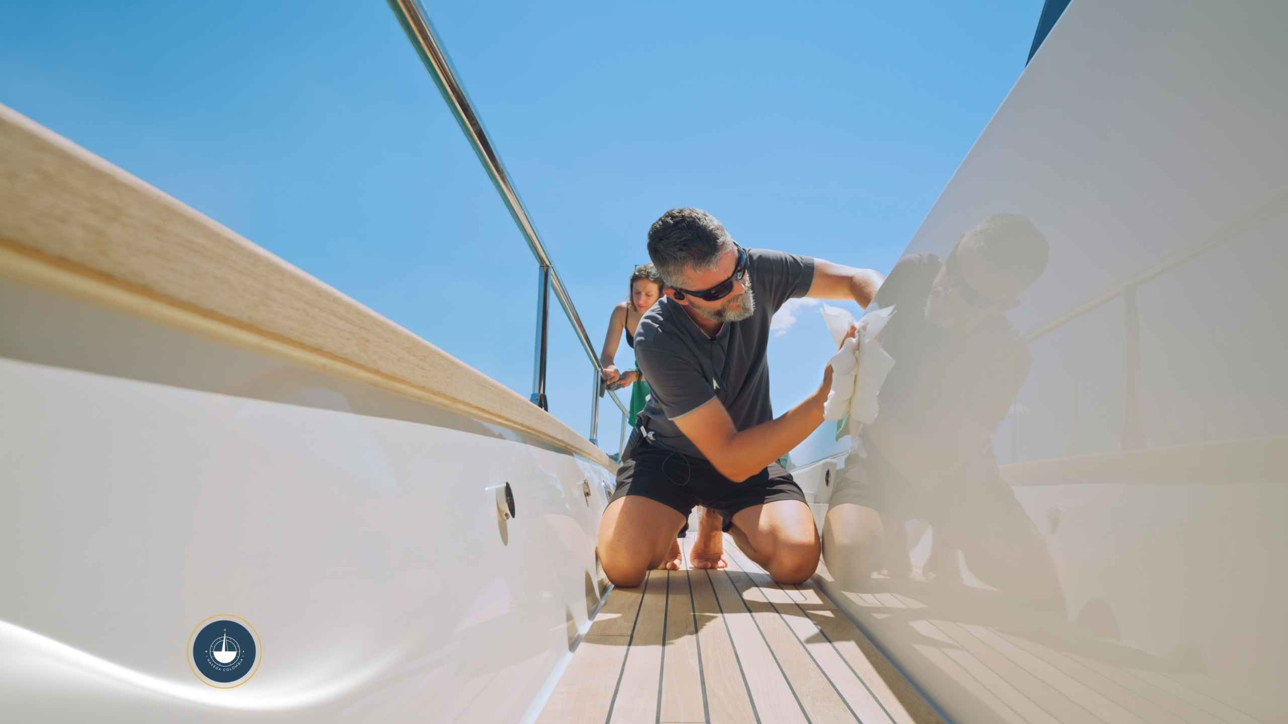 hombre limpiando un yate bajo el cielo azul Mantenimiento de yates en Cartagena: qué incluye y por qué es importante navega colombia