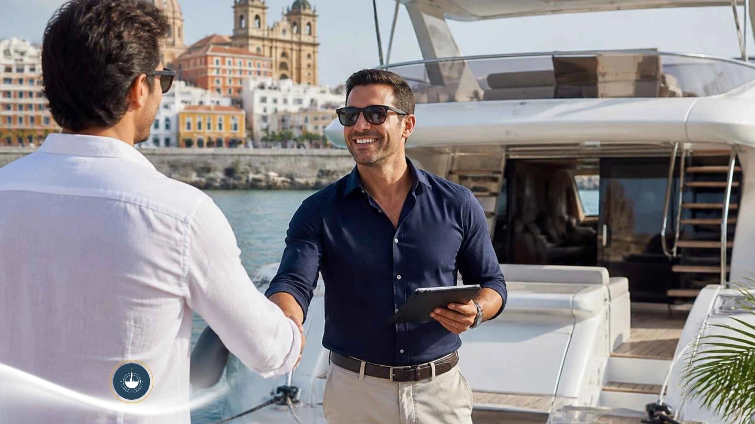 dos personas se dan la mano sobre un yate en la bahía de cartagena Compra y venta de yates en Colombia: qué debes saber navega colombia