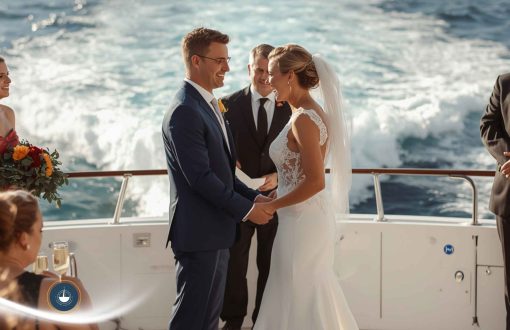 Pareja que contrae matrimonio a bordo de un yate, con invitados a su alrededor Bodas en yate en Cartagena Navega Colombia